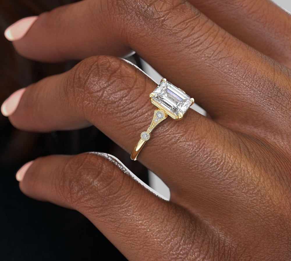 1.91 CT Emerald Cut Solitaire Milgrain Pave Set Moissanite Engagement Ring 2