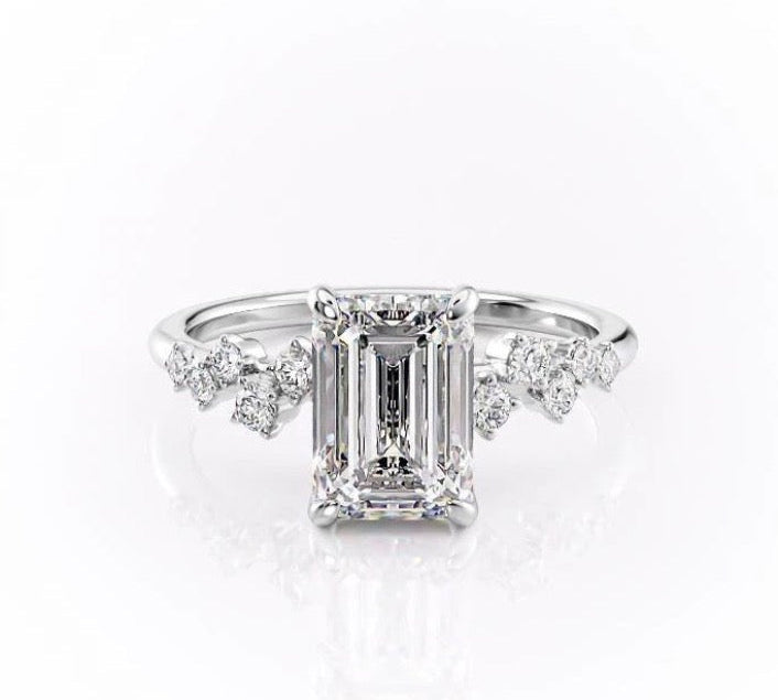 2.10 CT Emerald Cut Cluster Moissanite Engagement Ring 10
