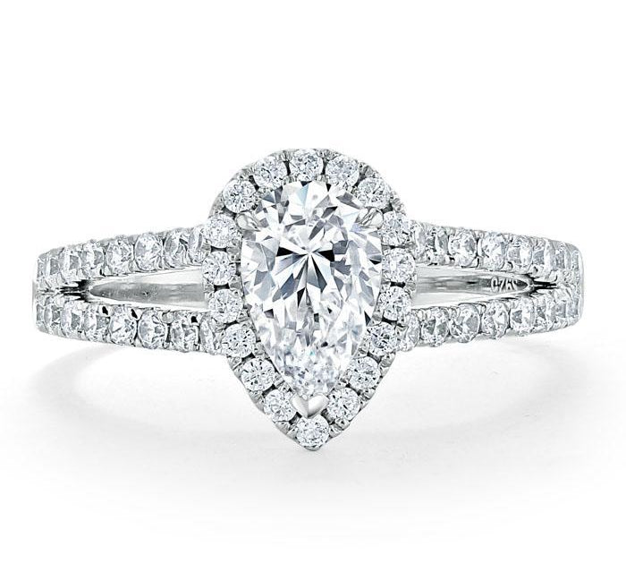 0.75 CT Pear Cut Halo Split Shank Setting Moissanite Engagement Ring 1