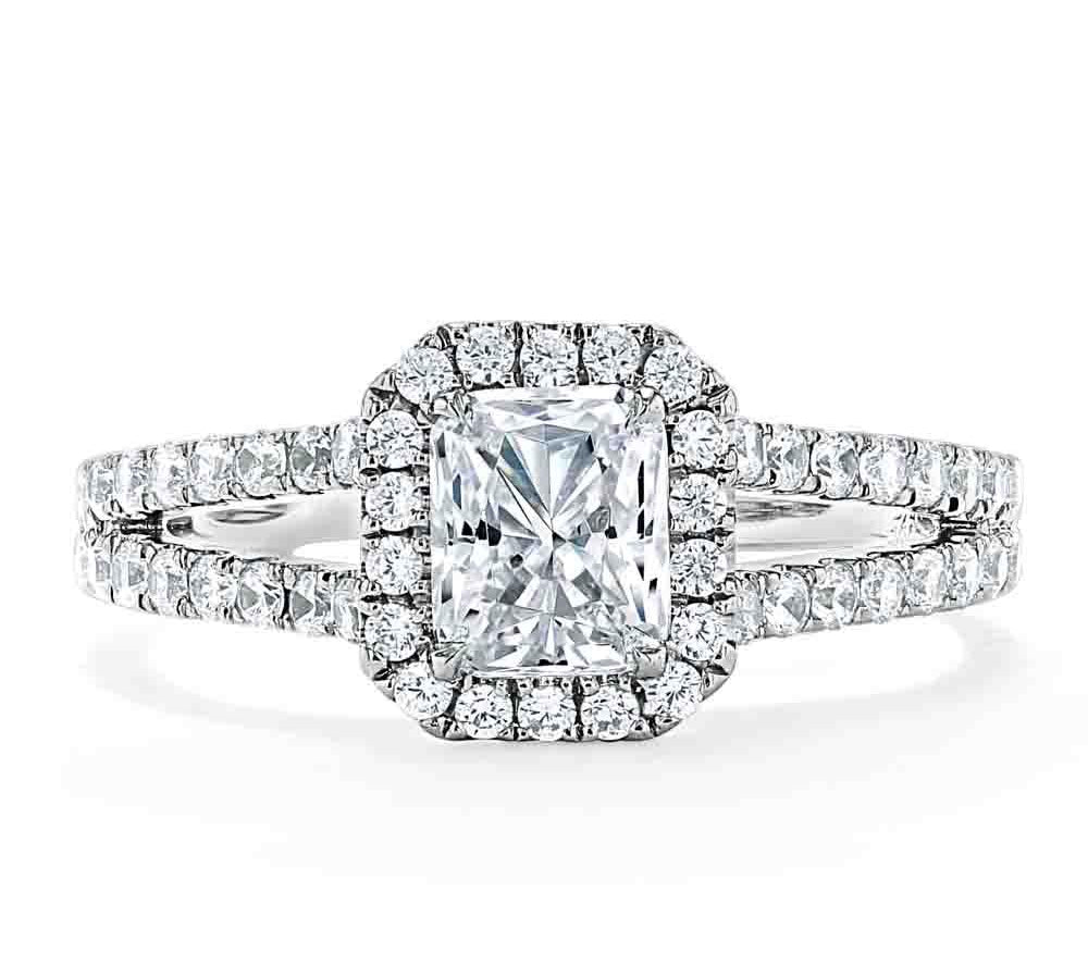 0.75 CT  Radiant Cut Halo Split Shank Style Moissanite Engagement Ring 1