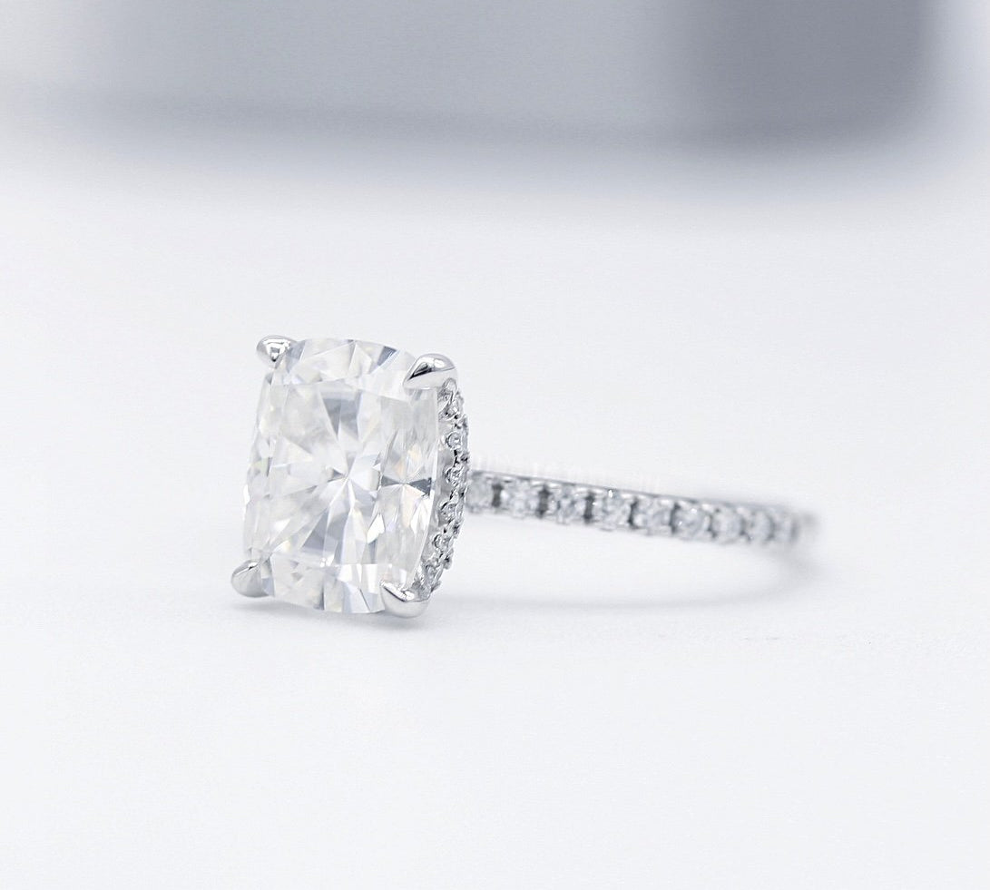 2.01 CT Elongated Cushion Hidden Halo Moissanite Engagement Ring 3