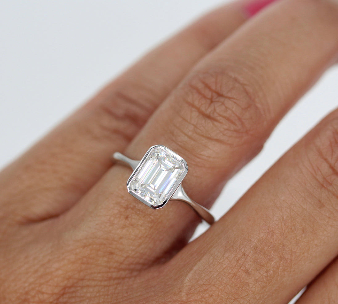 1.55 CT Emerald Cut Bezel Solitaire Moissanite Engagement Ring 2