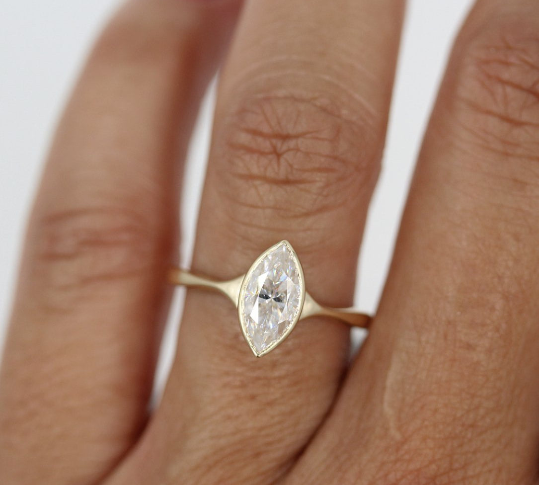 1.0 CT Marquise Cut Bezel Solitaire Moissanite Engagement Ring 2