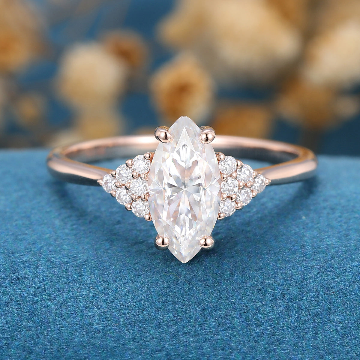 0.90 CT Marquise Shaped Moissanite Cluster Engagement Ring 1