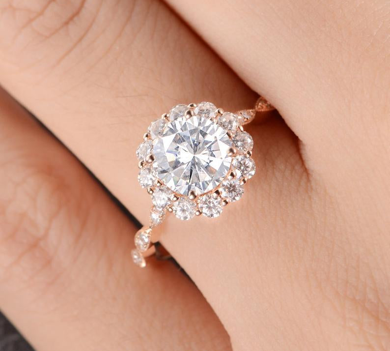 1.0 CT Round Cut Halo Moissanite Engagement Ring 2