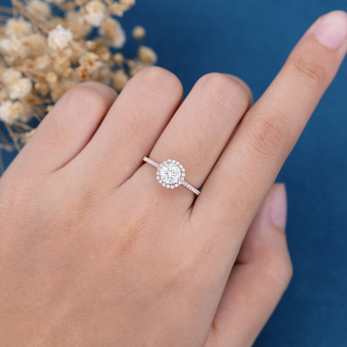 0.68 CT Round Shaped Moissanite Halo Pave Engagement Ring 2