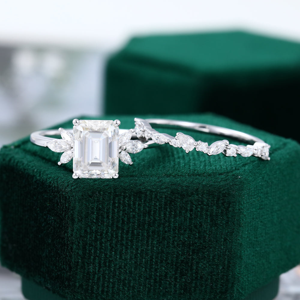 2.30 CT Emerald Moissanite Cluster Bridal Ring Set 6