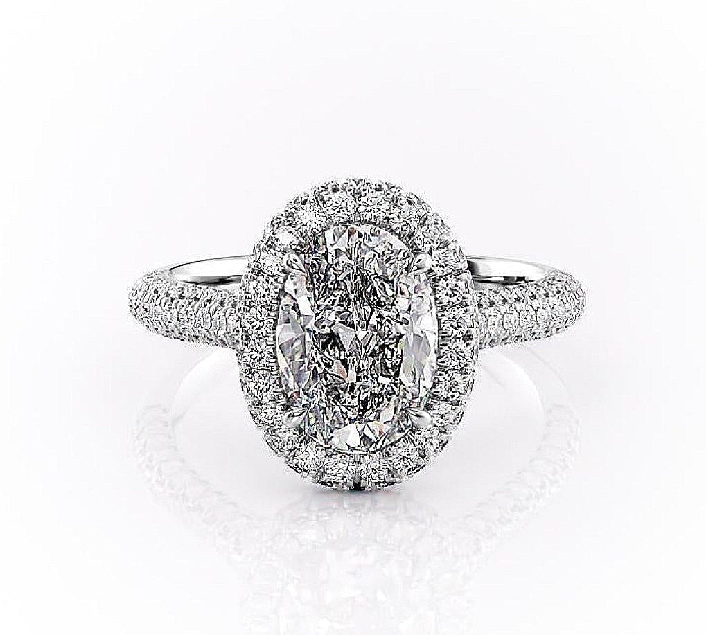 2.10 CT Oval Cut Halo Triple Pave Setting Moissanite Engagement Ring 10