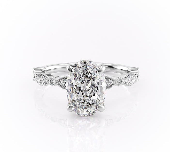 2.10 CT Oval Solitaire & Milgrain Pave Moissanite Engagement Ring 6