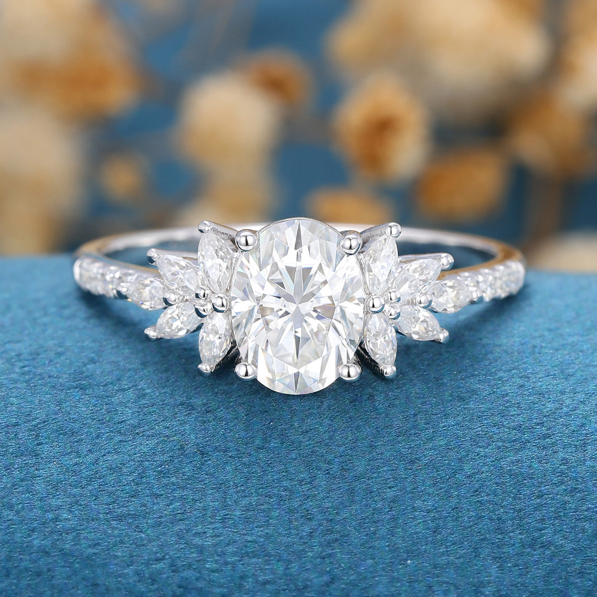 1.33 CT Oval Shaped Moissanite Cluster Engagement Ring 1