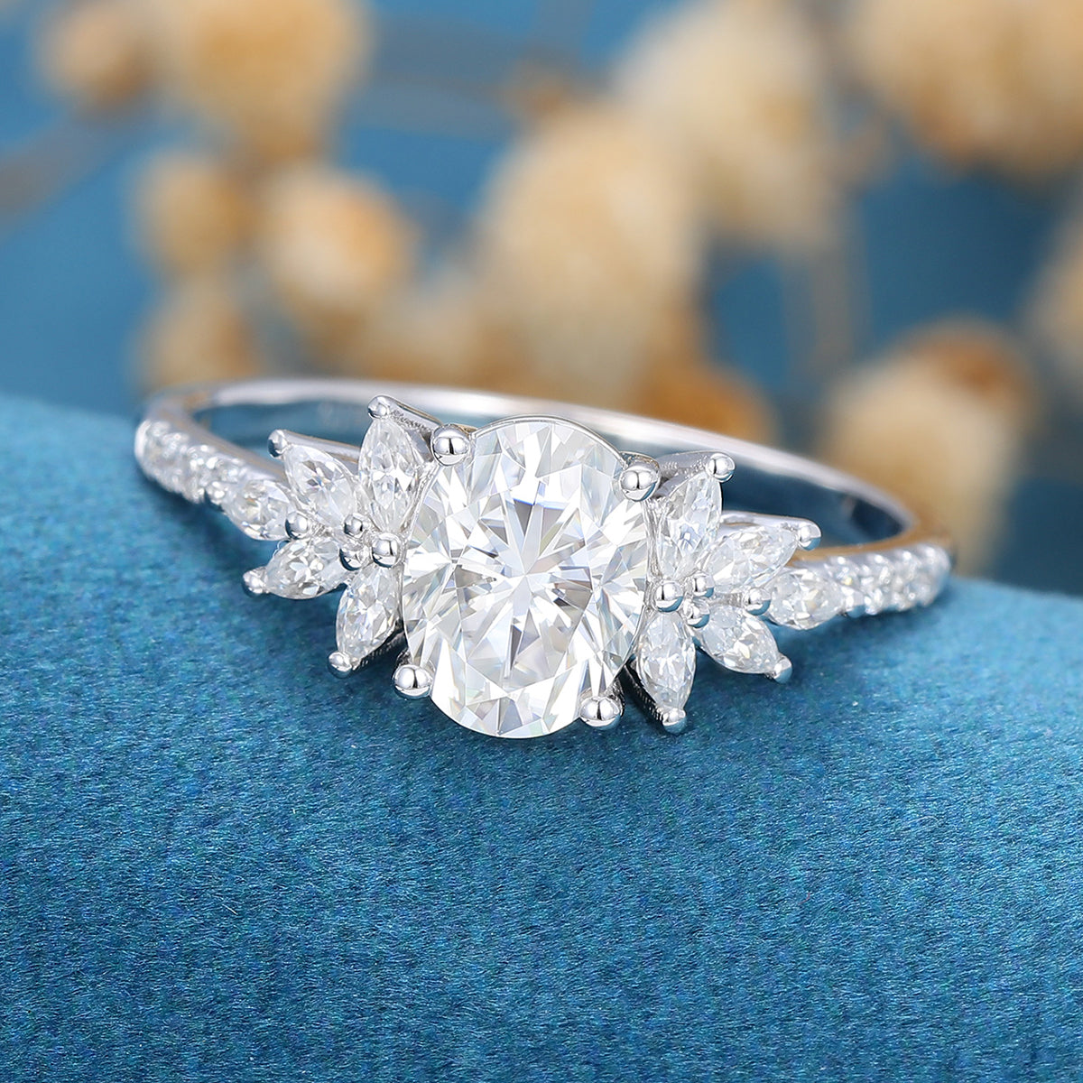 1.33 CT Oval Shaped Moissanite Cluster Engagement Ring 4