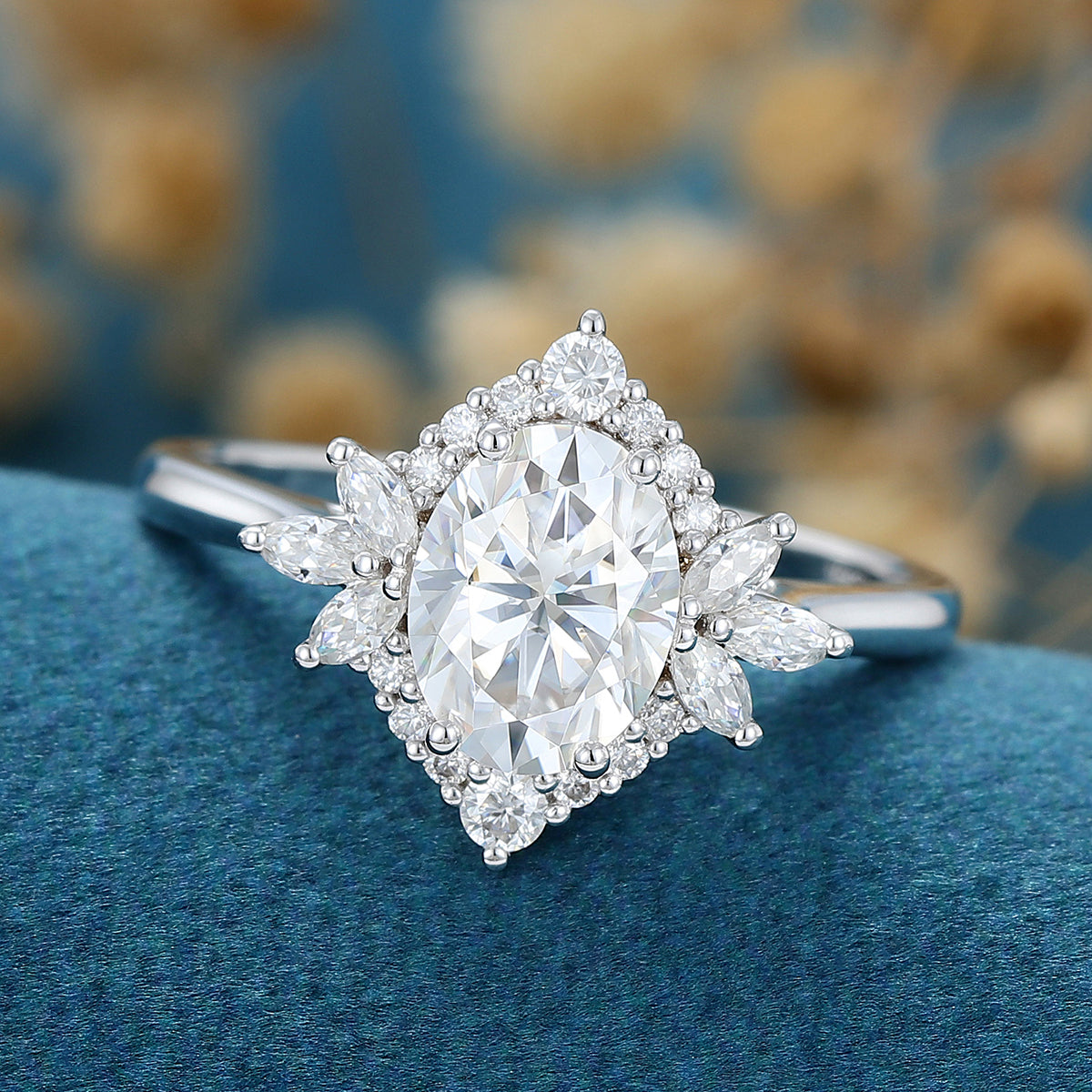 0.84 CT Oval Shaped Moissanite Cluster Engagement Ring 4