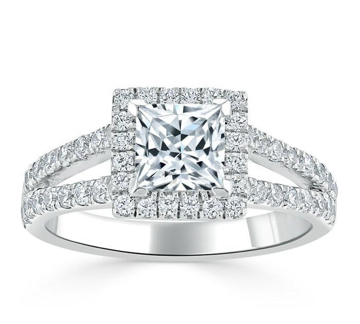 1.0 CT Princess Cut Halo Split Shank Setting Moissanite Engagement Ring 2