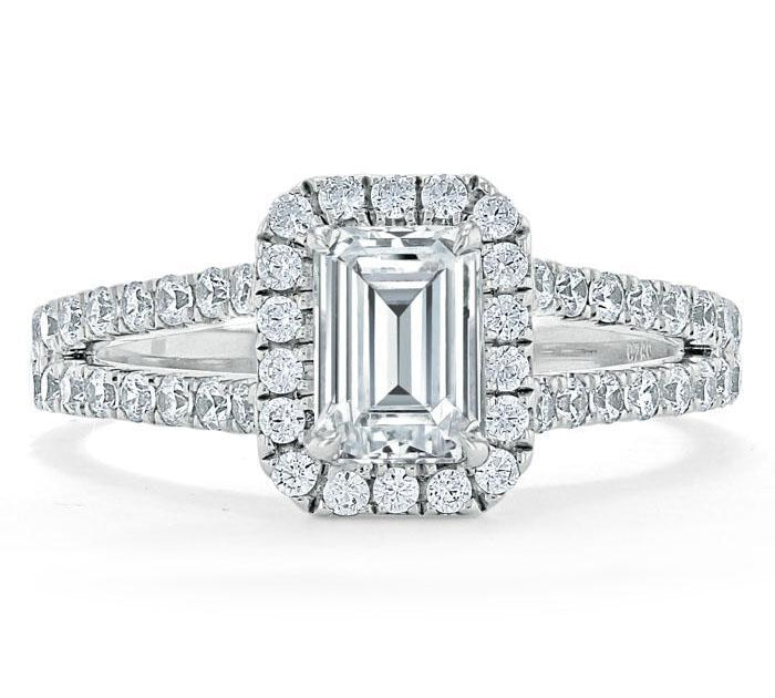 1.0 CT Emerald Cut Halo Split Shank Setting Moissanite Engagement Ring 1