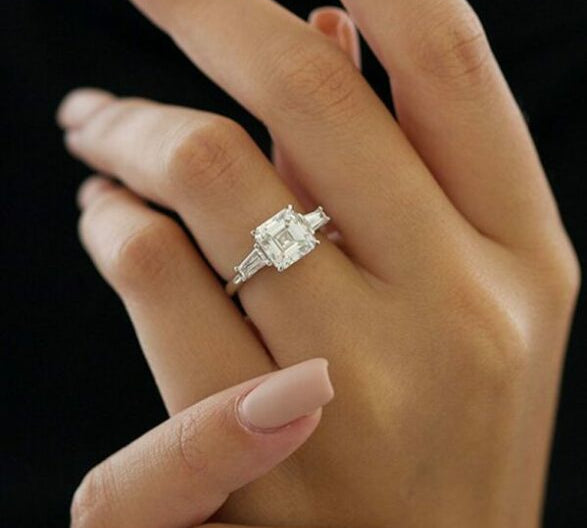 2.03 CT Asscher Cut Three Stone Moissanite Engagement Ring 1