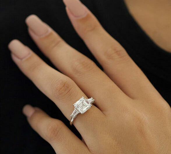 2.03 CT Asscher Cut Three Stone Moissanite Engagement Ring 2