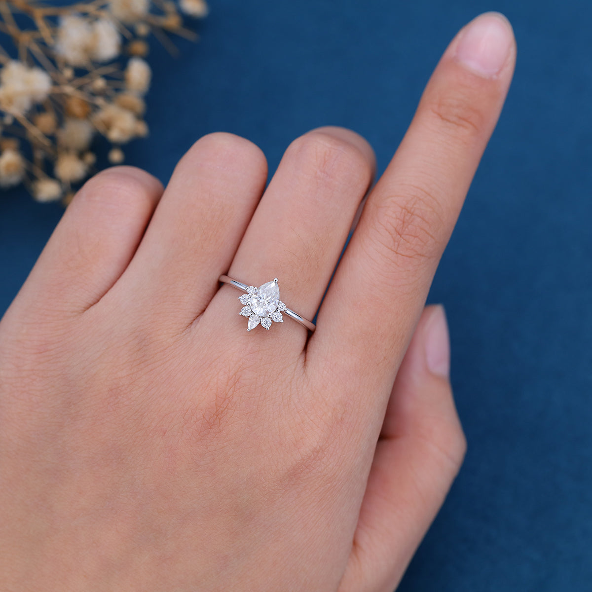 0.69 CT Pear Shaped Moissanite Cluster Engagement Ring 2