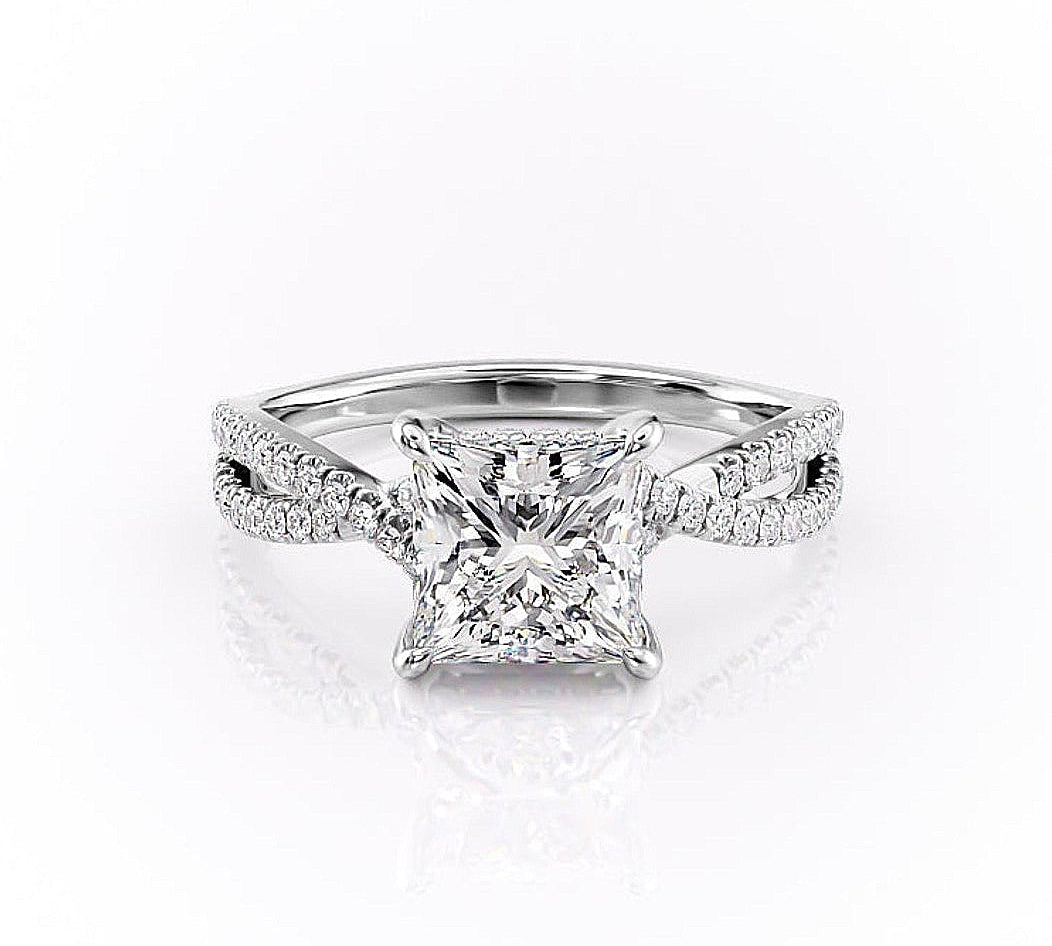 2.08 CT Princess Cut Solitaire Cross Over Pave Moissanite Engagement Ring 10
