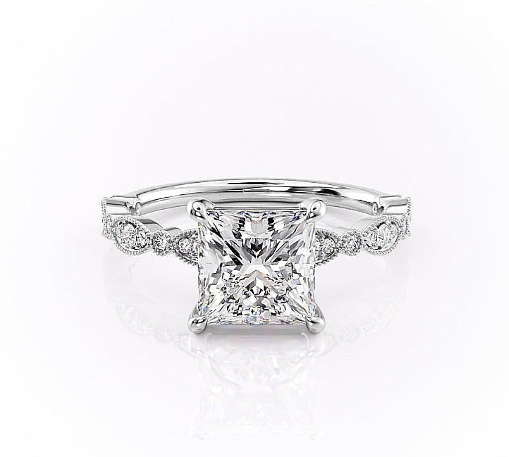 2.08 CT Princess Solitaire Milgrain Pave Moissanite Engagement Ring 10