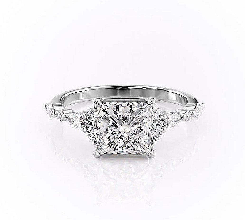 2.08 CT Princess Cut Cluster Moissanite Engagement Ring 10