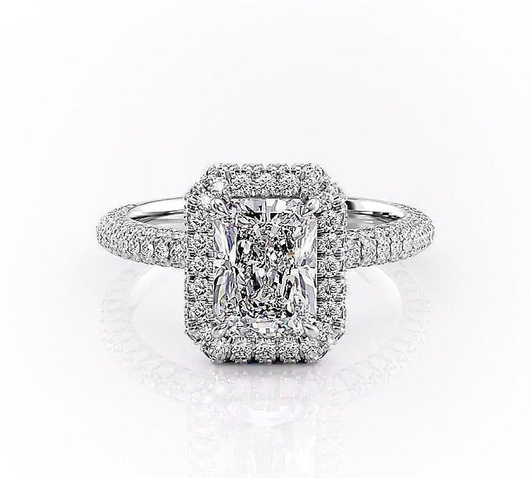 2.1 CT Radiant Cut Halo Triple Pave Setting Moissanite Engagement Ring 10