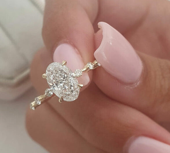 2.10 CT Oval Cut Solitaire & Dainty Pave Moissanite Engagement Ring 2