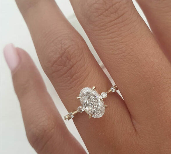 2.10 CT Oval Cut Solitaire & Dainty Pave Moissanite Engagement Ring 1