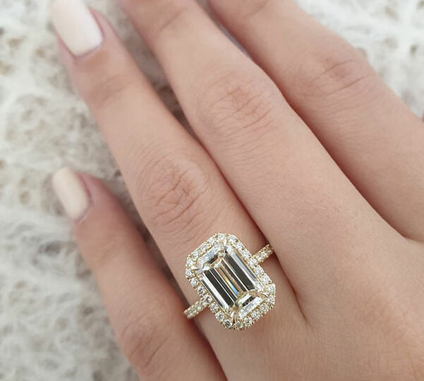 3.18 CT Emerald Cut Halo Style Moissanite Engagement Ring 1