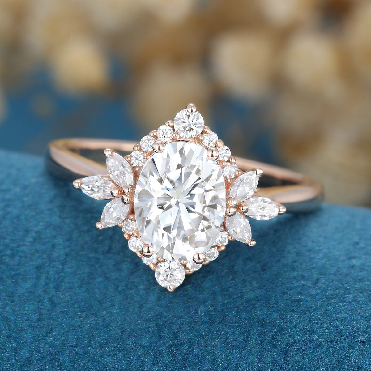 0.84 CT Oval Shaped Moissanite Cluster Engagement Ring 3