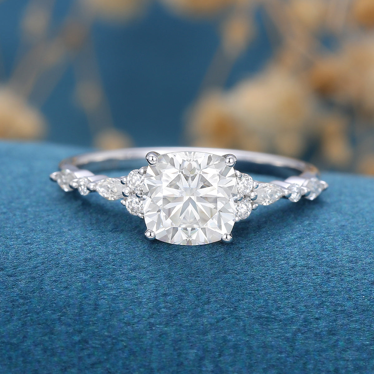 1.21 CT Cushion Shaped Moissanite Cluster Engagement Ring 1