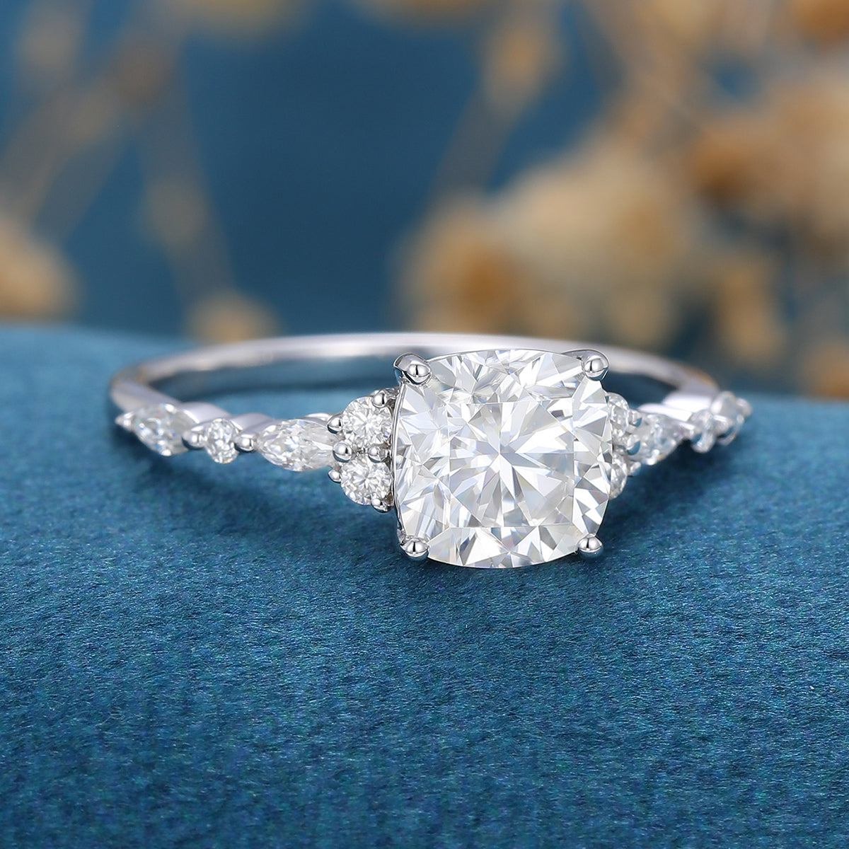 1.21 CT Cushion Shaped Moissanite Cluster Engagement Ring 3