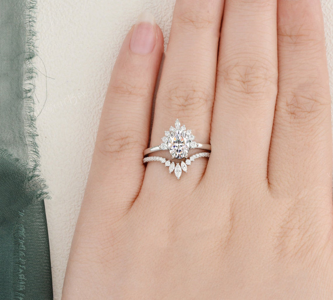 1.50 CT Oval Cut Cluster Art Deco Moissanite Bridal Ring Set 2