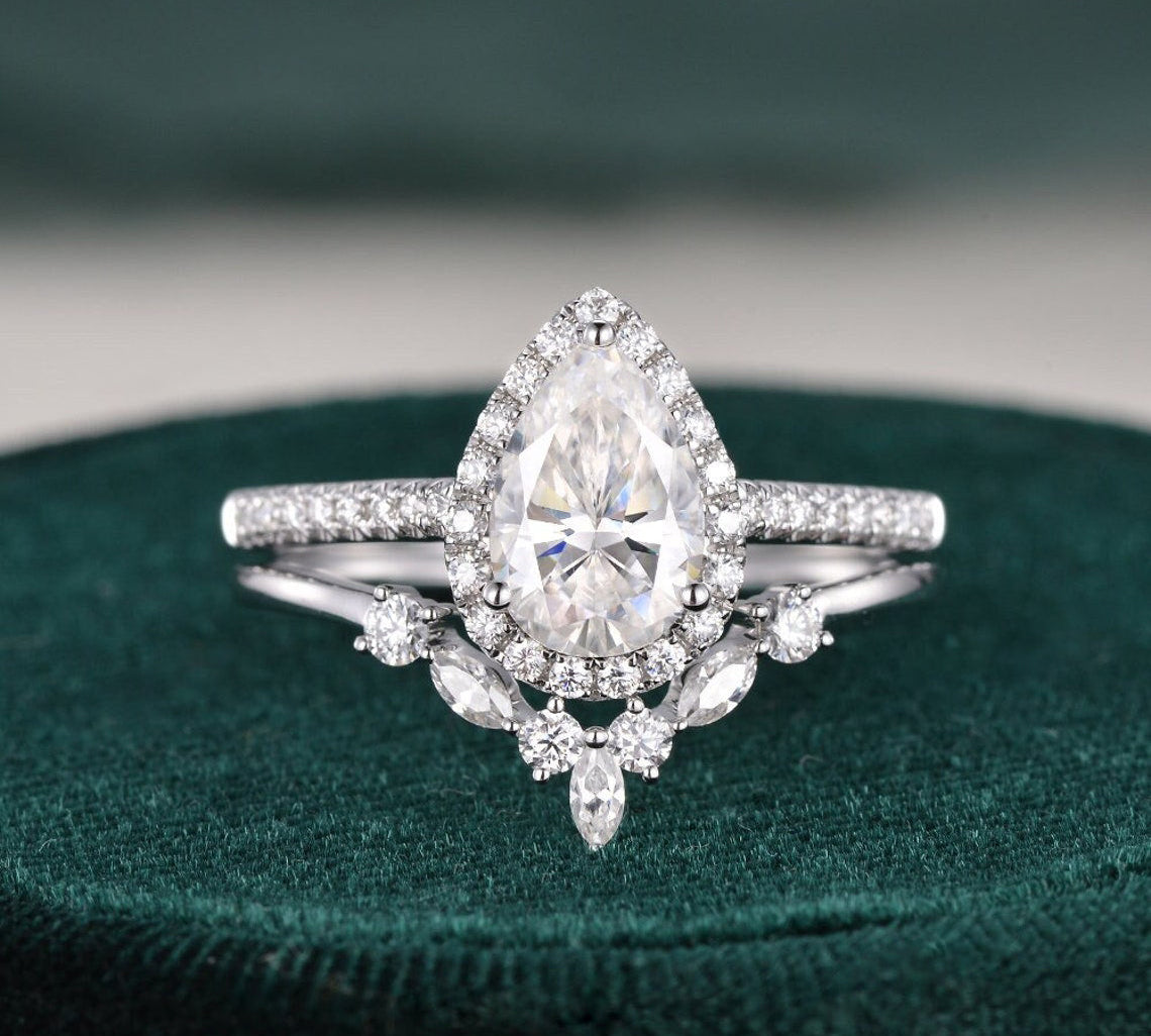 2.0 CT Pear Cut Halo Moissanite Bridal Ring Set 1