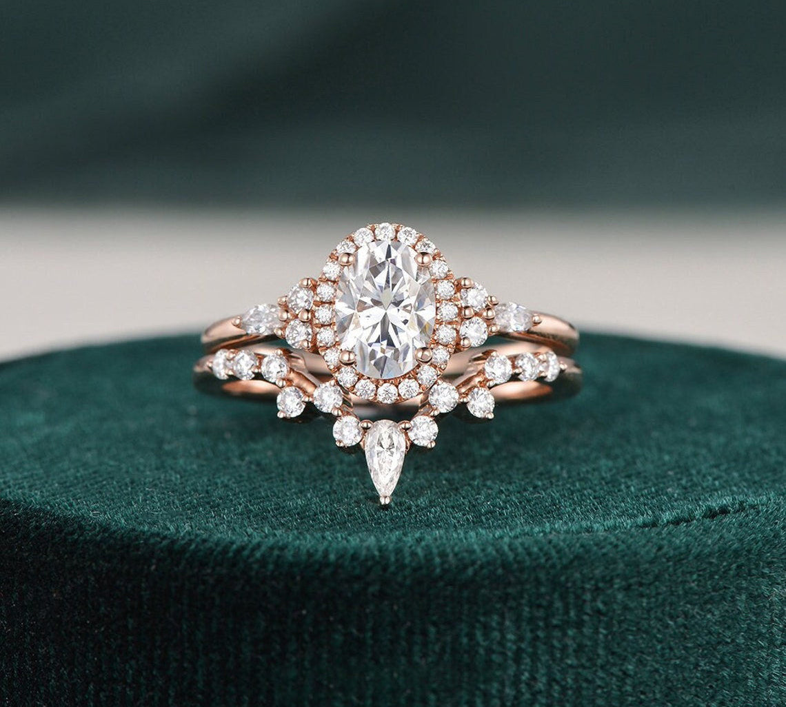 2.0 CT Oval Cut Cluster Halo Moissanite Bridal Ring Set 1