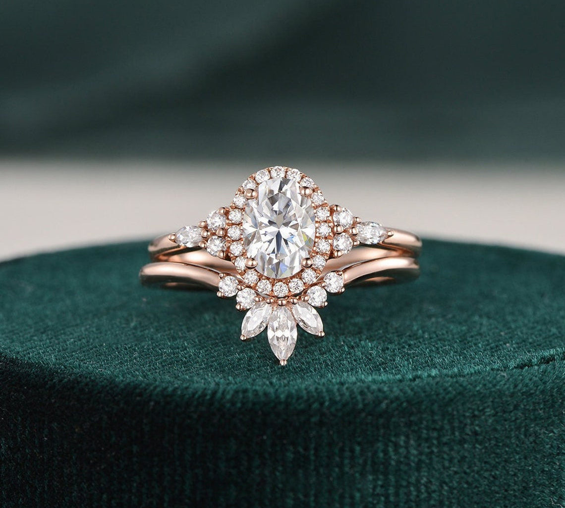 2.0 CT Oval Cut Cluster Halo Moissanite Bridal Ring Set 4