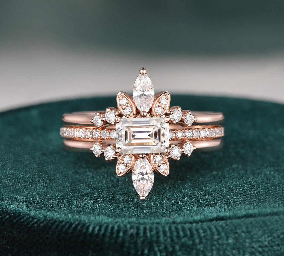 2.0 CT Emerald Cut Solitaire Pave Setting Moissanite Bridal Ring Set 1