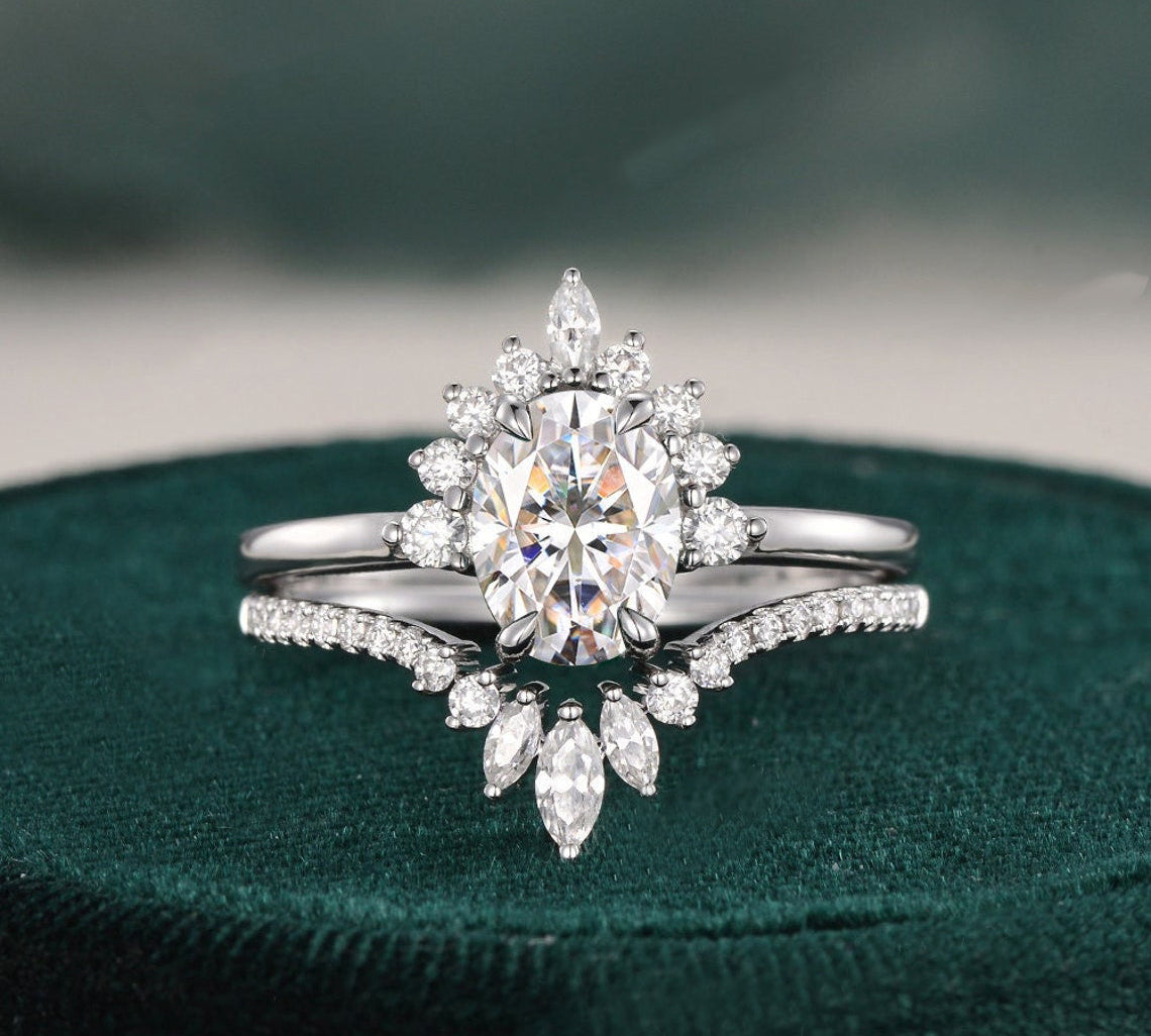 1.50 CT Oval Cut Cluster Art Deco Moissanite Bridal Ring Set 1