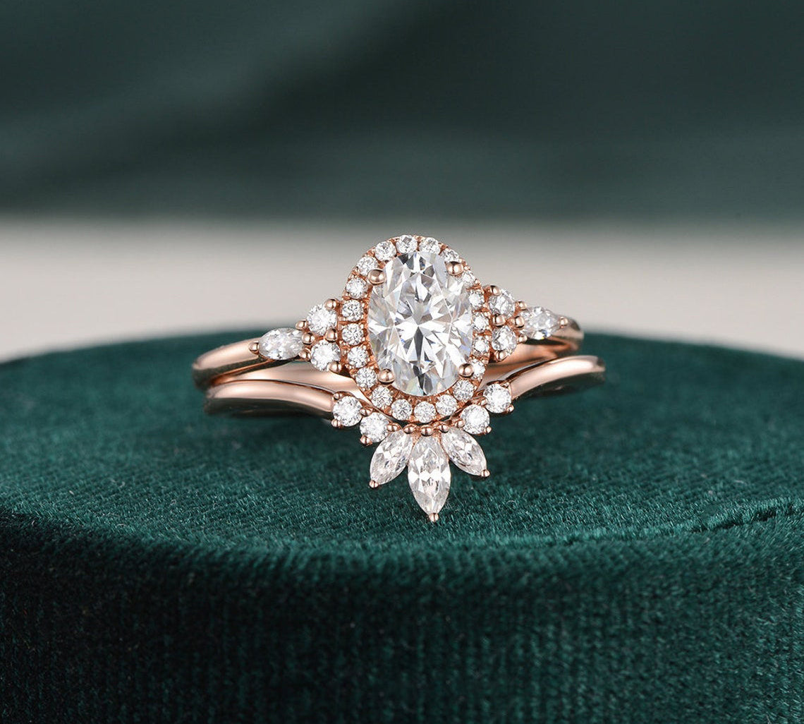 2.0 CT Oval Cut Cluster Halo Moissanite Bridal Ring Set 1