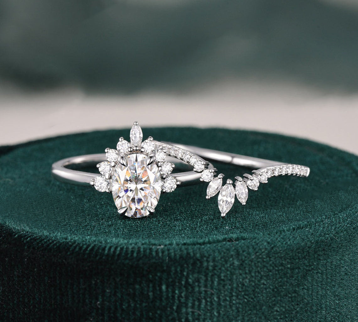 1.50 CT Oval Cut Cluster Art Deco Moissanite Bridal Ring Set 3
