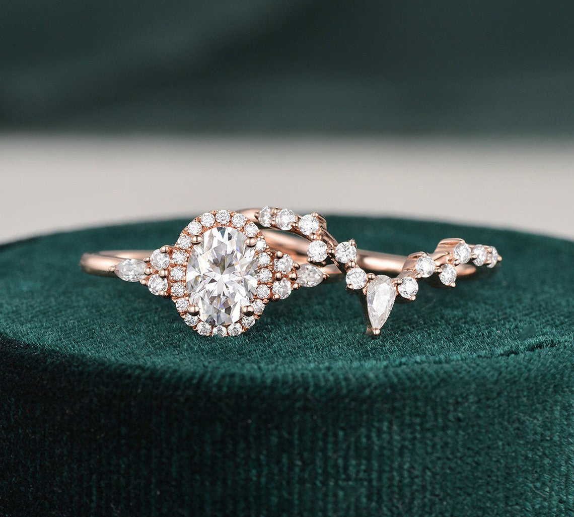 2.0 CT Oval Cut Cluster Halo Moissanite Bridal Ring Set 3