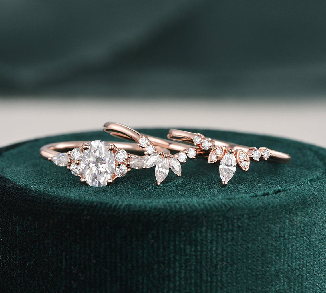 1.0 CT Oval Cut Cluster Art Deco Moissanite Bridal Ring Set 3