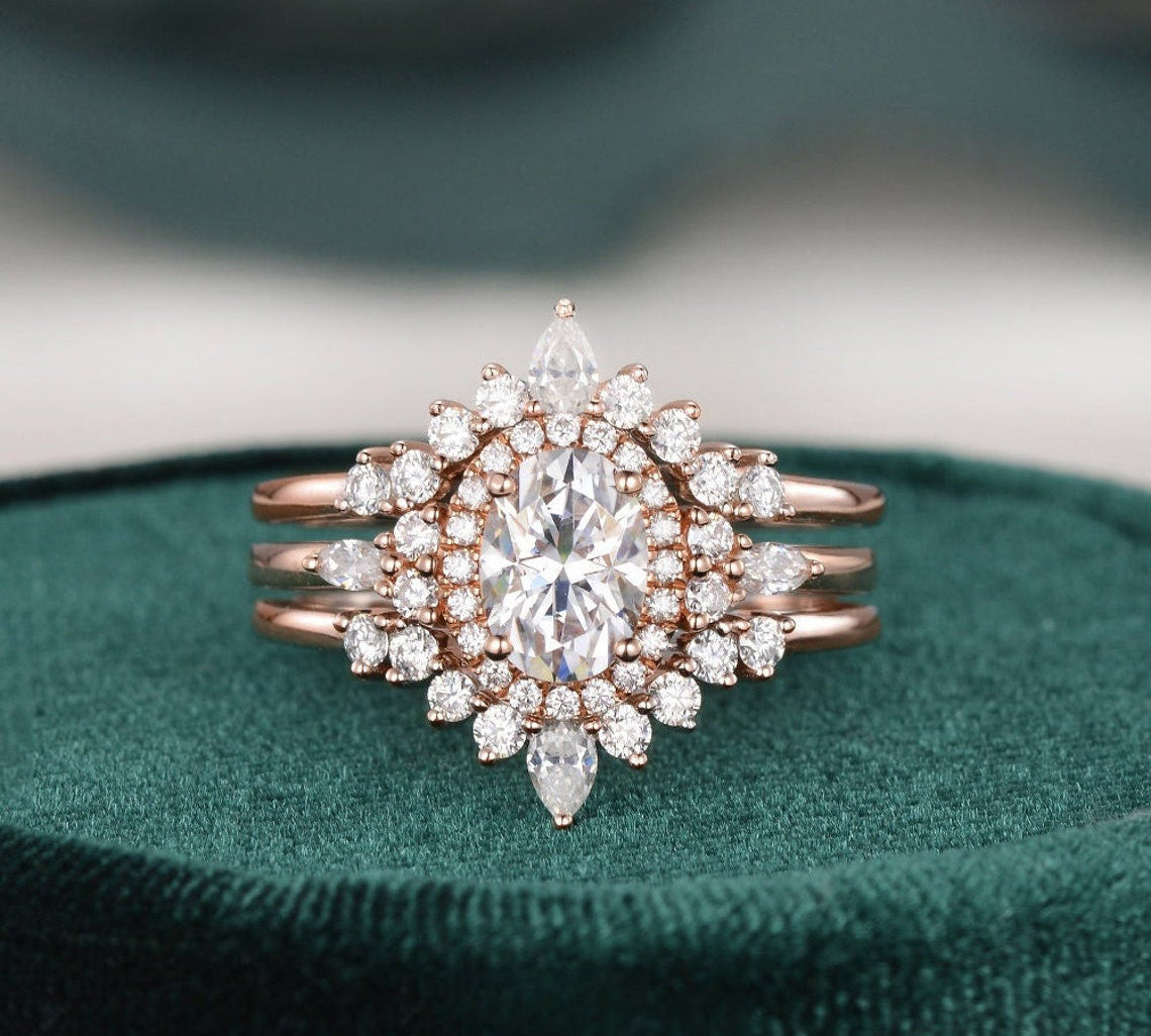 1.0 CT Oval Cut Cluster Halo Moissanite Bridal Ring Set 1