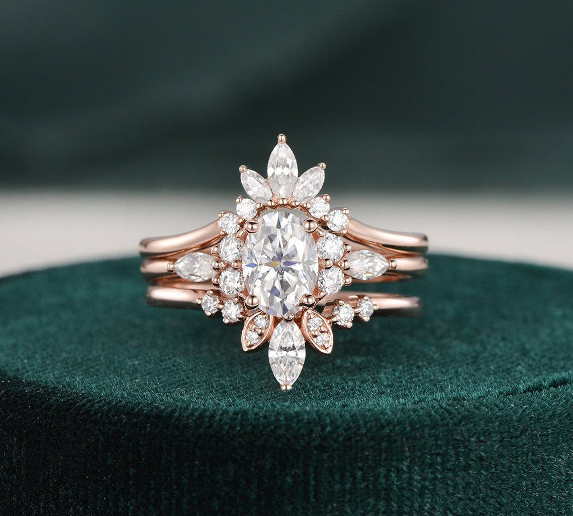 1.0 CT Oval Cut Cluster Art Deco Moissanite Bridal Ring Set 1