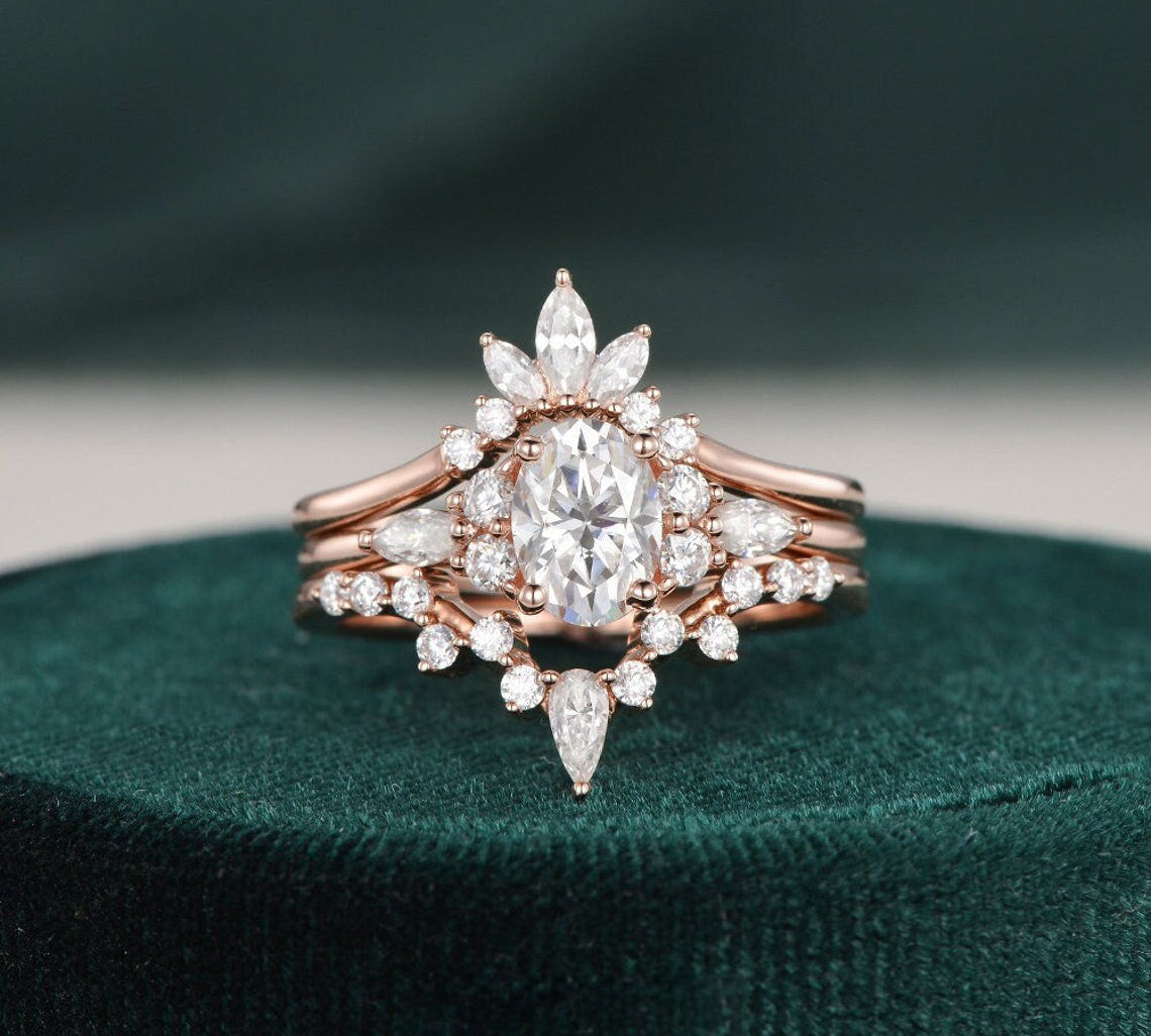 1.0 CT Oval Cut Cluster Halo Moissanite Bridal Ring Set 1