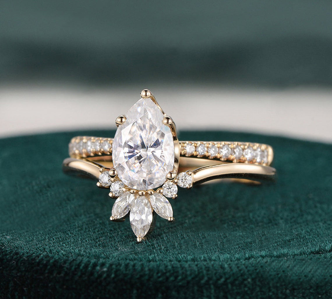 1.0 CT Pear Cut Solitaire Pave Setting Moissanite Bridal Ring Set 1