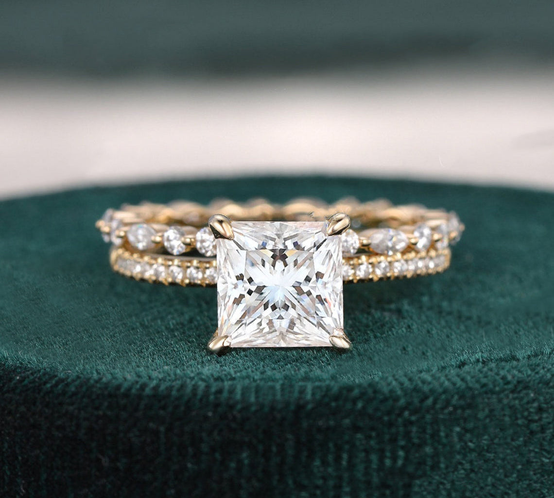 2.0 CT Princess Cut Solitaire Moissanite Bridal Ring Set 3