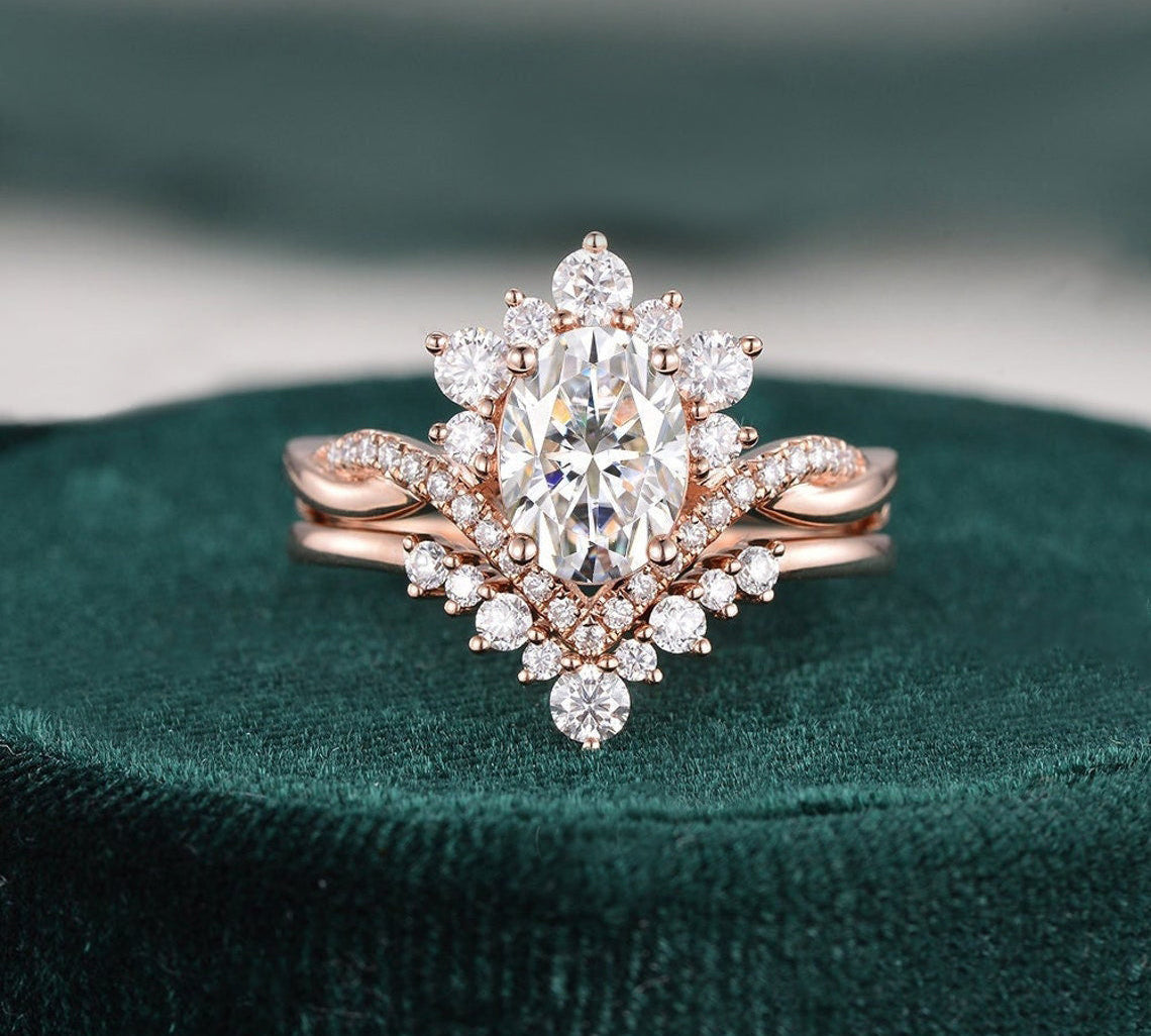 1.50 CT Oval Cut Cluster Moissanite Bridal Ring Set 1