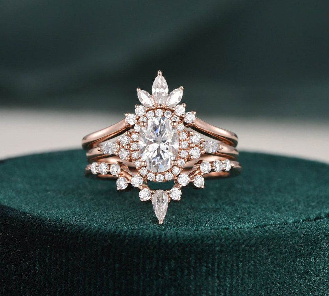 1.0 CT Oval Cut Cluster Halo Moissanite Bridal Ring Set 1