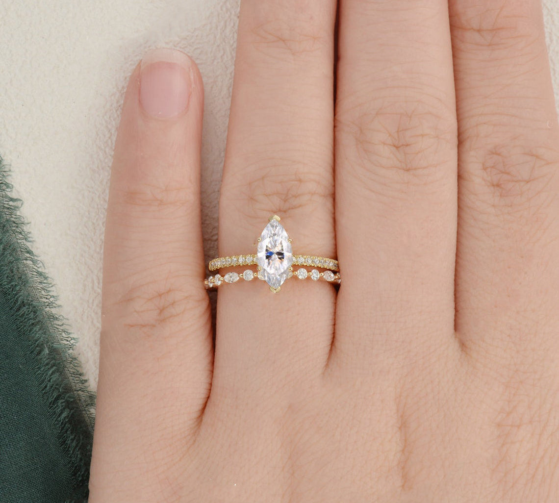 1.0 CT Marquise Cut Solitaire Pave Moissanite Bridal Ring Set 2