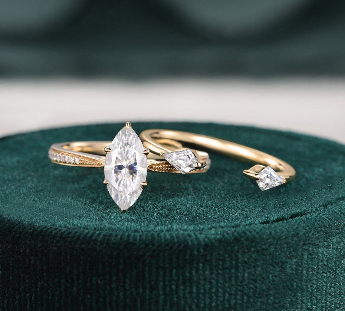 1.0 CT Marquise Cut Pave Moissanite Bridal Ring Set 3